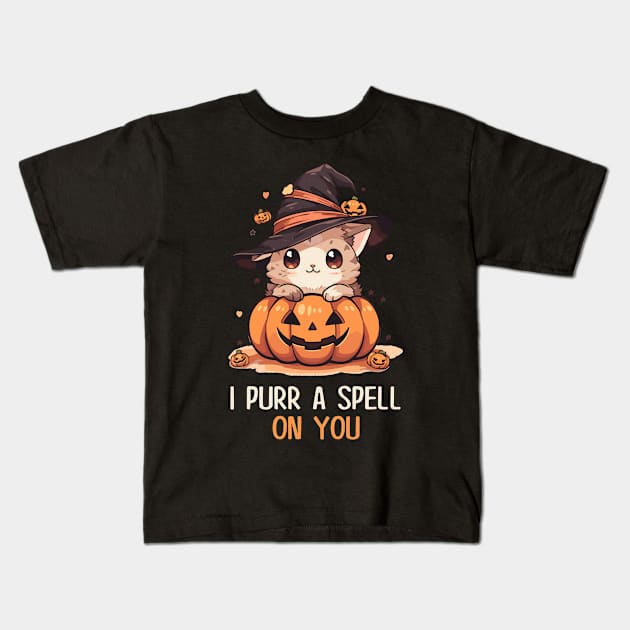 Funny Cat Pun Witch Spell Graphic Men Kids Women Halloween Kids T-Shirt by KsuAnn
